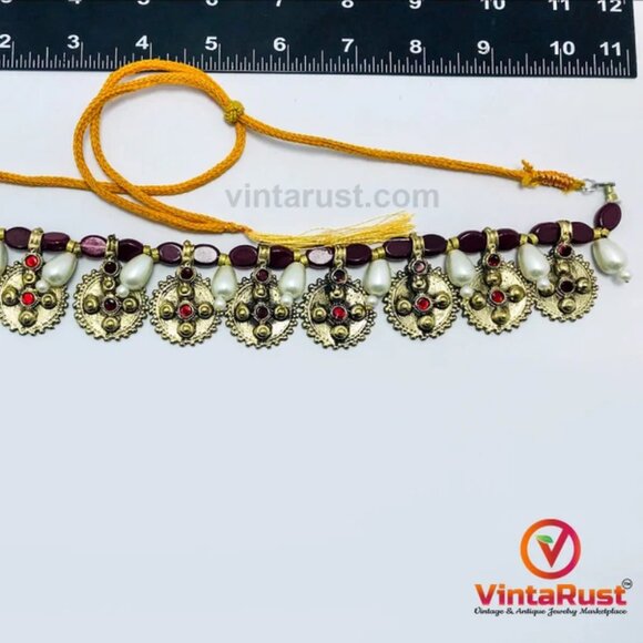 Pearls and Beads Jewelry Set, Handmade Coins Jewelry Set With Glass Stones, - Picture 7 of 9